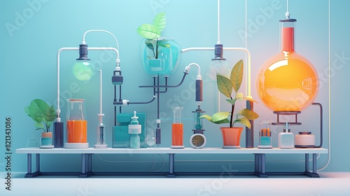 Modern laboratory setup with scientific equipment and plants, signifying innovation in biotech and eco-friendly research methodologies.