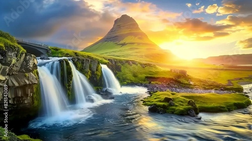 Gorgeous landscape with rising sun on Kirkjufellsfoss waterfall and Kirkjufell mountain, Iceland, Europe.