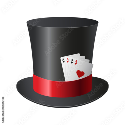Black top hat with fan of playing cards.