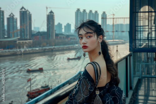 Beauty elegant asian woman turning next to city river © Nestor