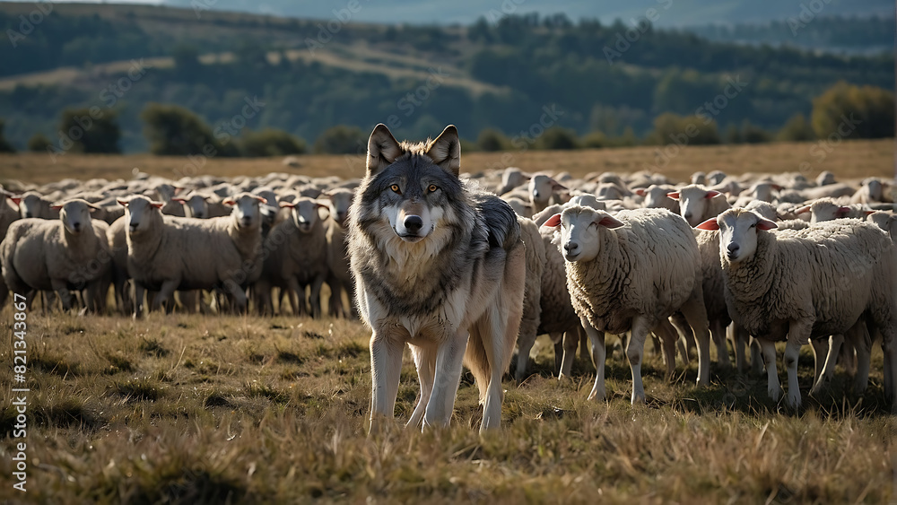 Obraz premium wolf among sheep, wolf in a flock of sheep, hiding among the crowd