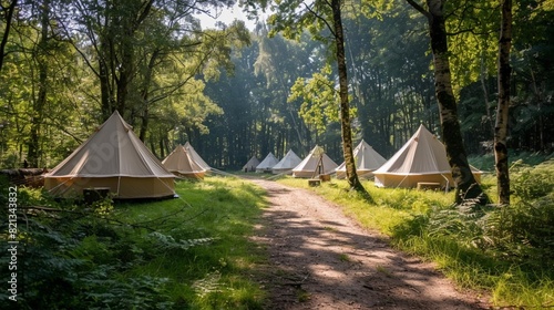 Gorgeous view of canvas glamping bell tents in a green wood on a sunny day.