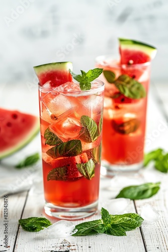 Wallpaper Mural Watermelon drink in tall glasses with slices of watermelon on white wooden background  Torontodigital.ca