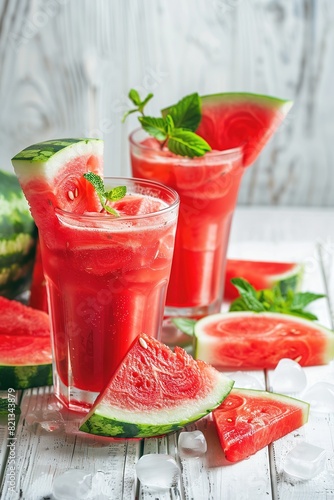 Watermelon drink in tall glasses with slices of watermelon on white wooden background