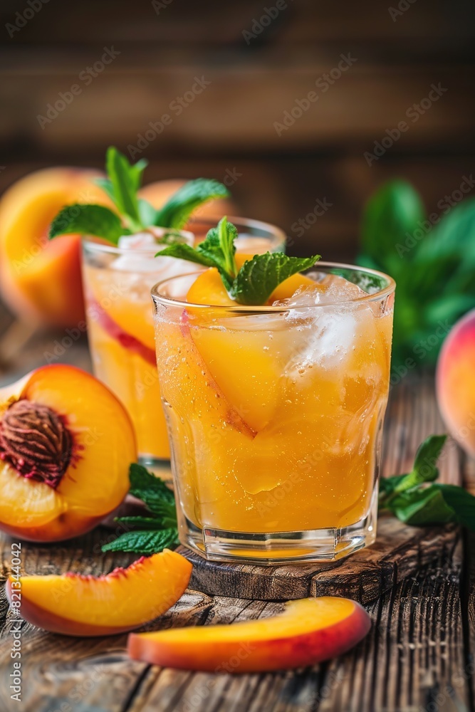 homemade peach lemonade with ice cubes, and mint in glasses on wooden background 