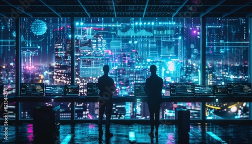 Silhouetted figures overseeing a futuristic, neon-lit cityscape through a large window, depicting a high-tech urban environment. © PrusarooYakk