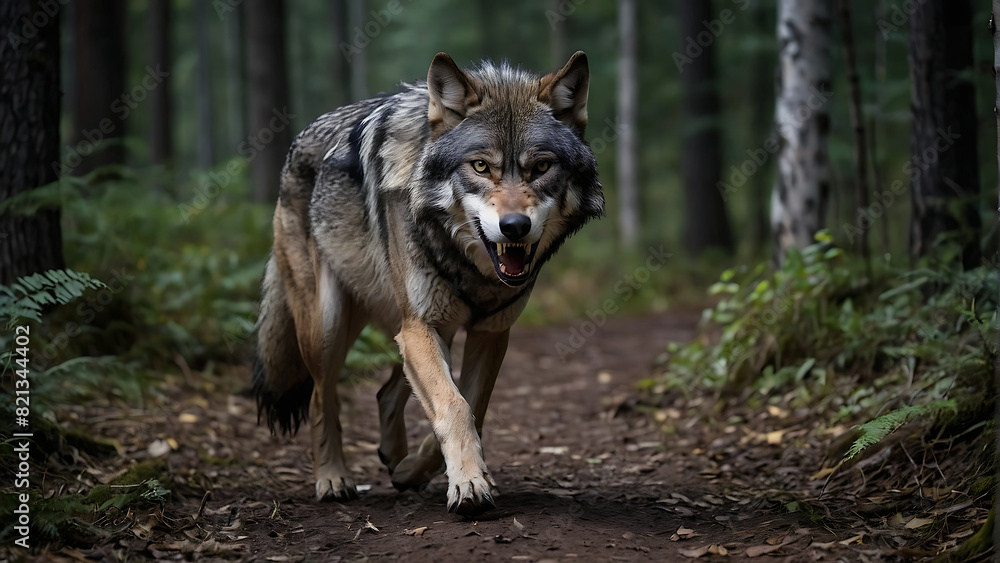 Obraz premium Angry and fierce wolf flashing fangs in the forest