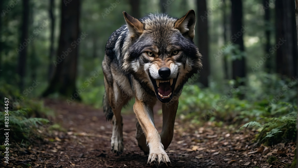 Angry and fierce wolf flashing fangs in the forest Angry and fierce wolf flashing fangs in the forest
