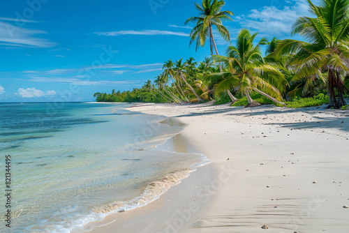 A serene tropical beach with powdery white sand and shallow  calm water  surrounded by vibrant green palm trees under a brilliant blue sky