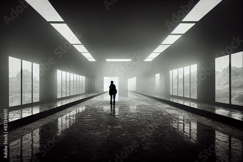 Silhouette of a person in an ominous empty hallway