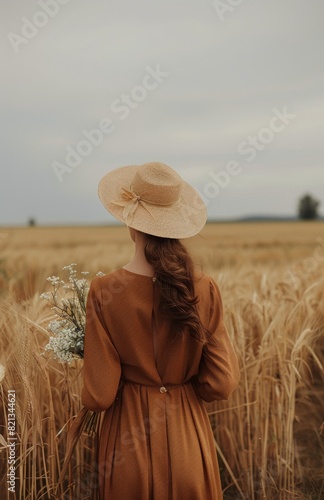 Woman Standing in Tall Grass Field