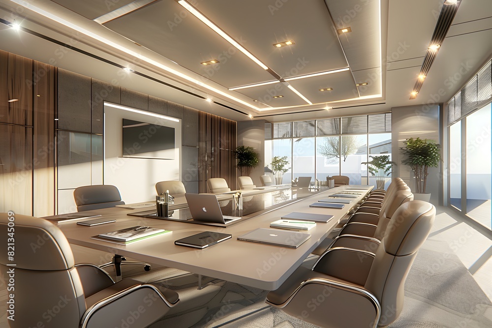Modern Conference room. Office Interior Design with Beautiful Decoration. table, chair, laptop, computer, notebook, pan, papers.