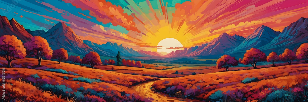 A striking landscape featuring a vivid sunset over autumn-hued mountains and a winding path A striking landscape featuring a vivid sunset over autumn-hued mountains and a winding path