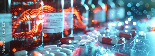 Row of Bottles and Pills on Table
