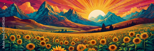 A captivating illustration of sunflowers blooming in a valley with majestic mountains and a sunrise backdrop