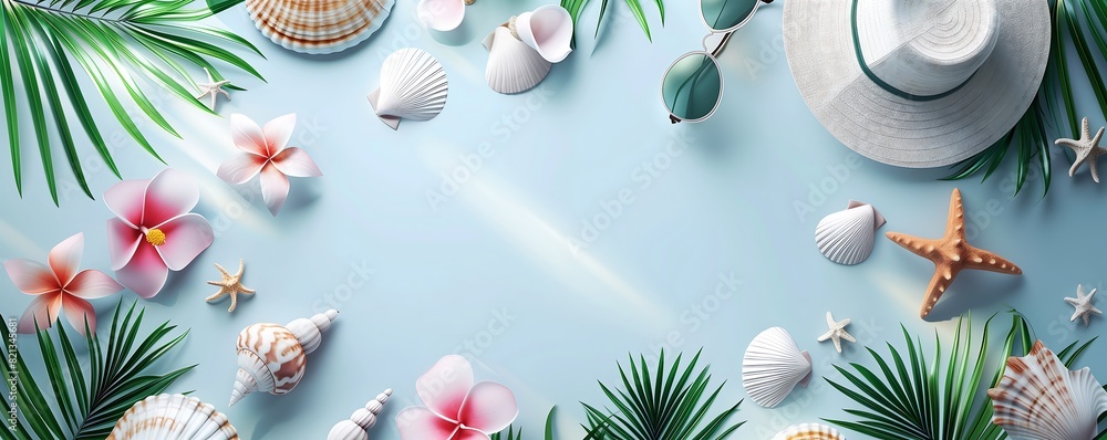 Photorealistic frame on light background, tropical flowers, plants, shells and sunglasses around empty space, concept of rest and travel, relaxation, banner summer vacation stuff around empty space fo Photorealistic frame on light background, tropical flowers, plants, shells and sunglasses around empty space, concept of rest and travel, relaxation, banner summer vacation stuff around empty space fo