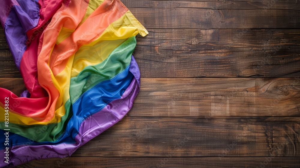 Rainbow flag draped on wooden surface. Pride flag on rustic wood background.