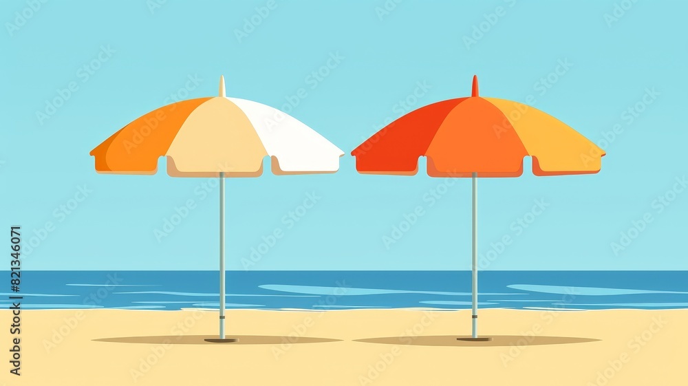 Two colorful beach umbrellas on a sandy beach with a calm ocean backdrop, perfect for a relaxing summer day by the sea.