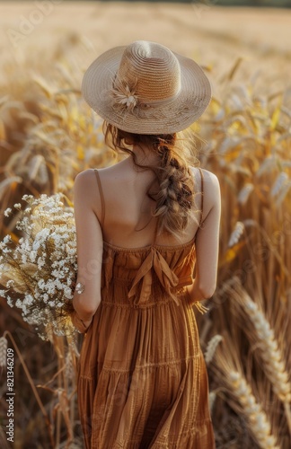 Woman Standing in Tall Grass Field
