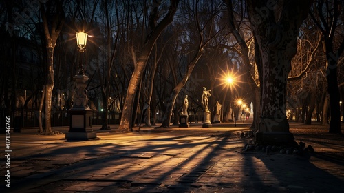 Streetlights cast dramatic shadows on statues and trees  creating an enchanting nocturnal city landscape.