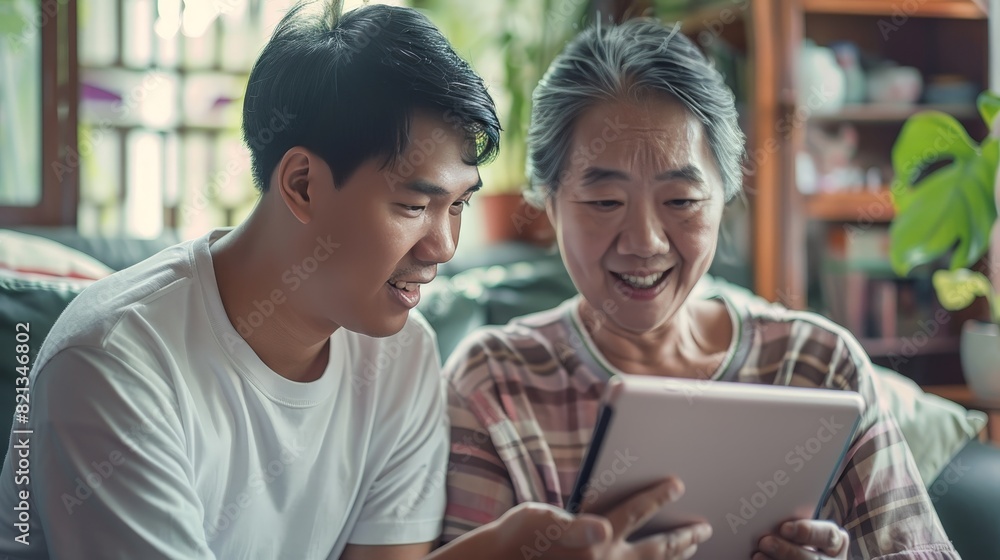 A man and woman are looking at a tablet together A man and woman are looking at a tablet together