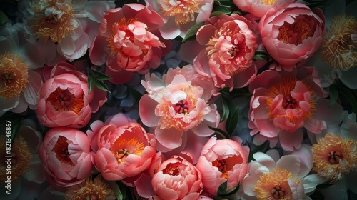 top view of the peony frame, creating an elegant and symmetrical visual effect generative ai