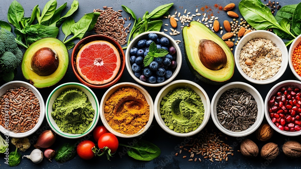 A table with fruit and veggie bowls and nut piles A table with fruit and veggie bowls and nut piles