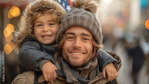 Military man father carrying happy little son with american flag on shoulders and enjoying generative ai