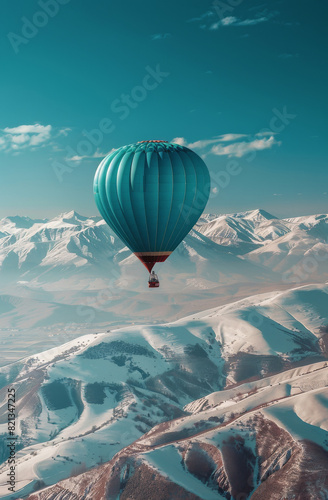 Hot Air Balloon Flying Over Snowy Landscape