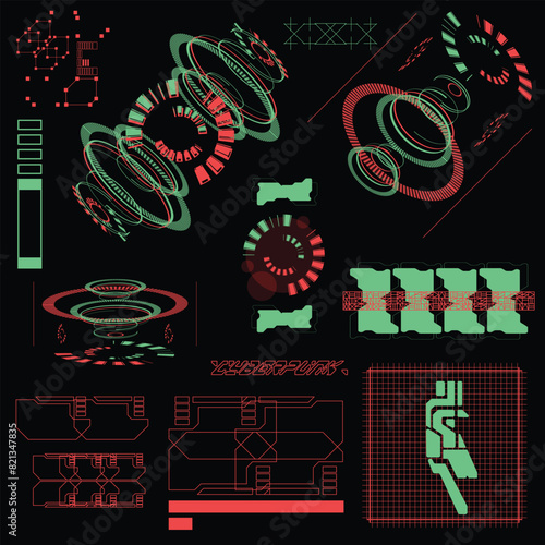 cyberpunk scifi gaming futuristic icon pattern HUD ux ui set collection template, 2d illustration rendering vector element