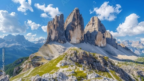 Great rocky massif in the Italian Alps on a sunny day. National Park Tre Cime di Lavaredo, Dolomites, Italy, South Tyrol.