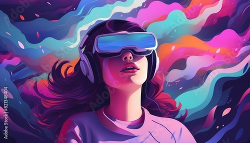 Woman wearing VR headset, immersed in a vibrant, colorful virtual world, experiencing futuristic technology. Concept of virtual reality. photo