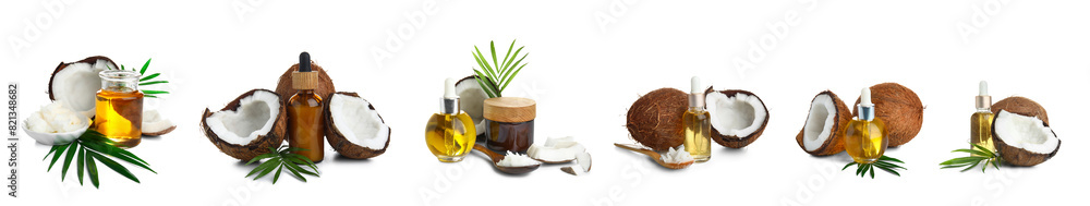 Set of fresh coconut oil on white background Set of fresh coconut oil on white background