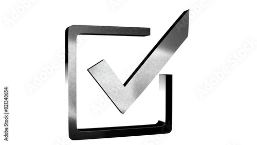 3d render steel check mark icon for web graphic design, silver metallic check icon for online advertisement design creation, isolated confirm button symbol