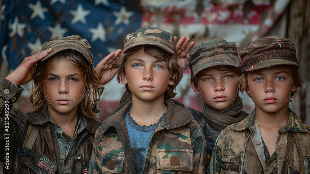 Fototapeta premium boys stand in a row, in camouflage uniforms like the military,generative ai