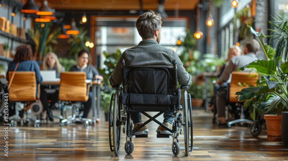 Obraz premium employee in a wheelchair sits in a meeting in the office,generative ai