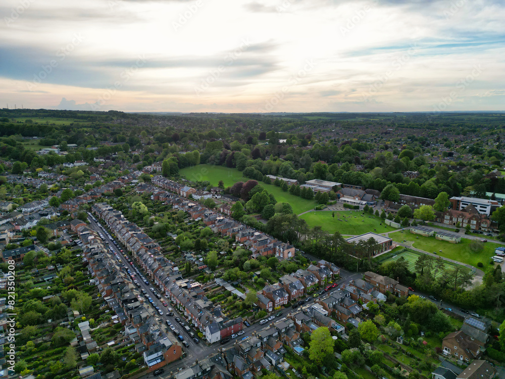 High Angle View of British Historical City of Winchester Central During Sunset. England United Kingdom, May 17th, 2024 High Angle View of British Historical City of Winchester Central During Sunset. England United Kingdom, May 17th, 2024