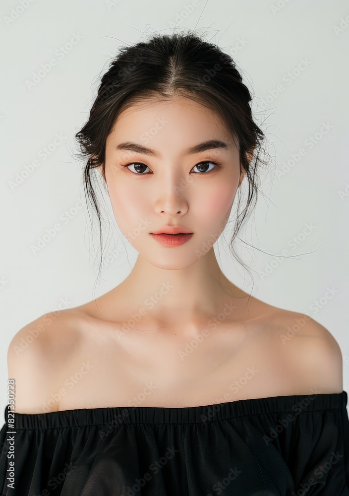 A woman with a black dress and a black hair