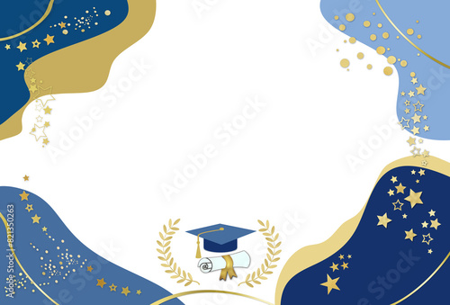  Graduation greeting card blank or party invitation template  in navy blue-gold colors with magister hat , diploma, spots frame, stars and sparkles decorations. Flat lay, free copy space.