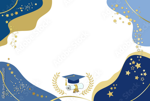  Graduation greeting card blank or party invitation template  in navy blue-gold colors with magister hat , diploma, spots frame, stars and sparkles decorations. Flat lay, free copy space. photo