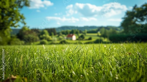Green grass in the foreground of a wide meadow, country house in the background