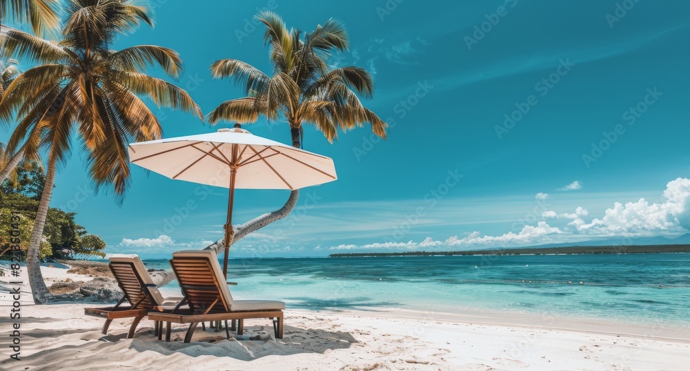 Obraz premium Two Chairs Under an Umbrella on a Beach