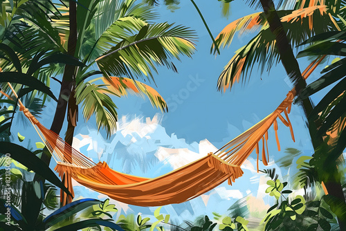 A digital illustration of an orange hammock hanging between two palm trees