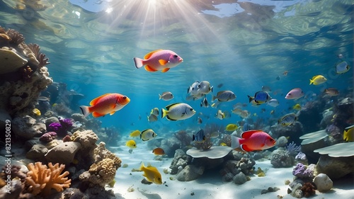 A stunning underwater scene featuring a variety of colorful fish swimming gracefully through clear, blue ocean waters. The vibrant hues of the fish and the rich details of the coral reefs create a liv photo