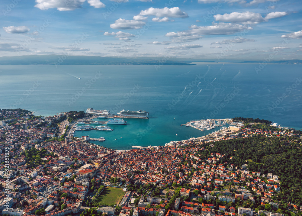Summer aerial skyline cityscape of Split, Croatia. Wide panoramic view of the old town and port.