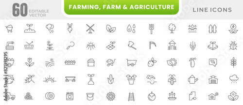 Farm, farming and agriculture line icons set. Nature, greenhouse, haystack, harvest gardening, agriculture, smart farm, farm animals, seeding outline icon collection.