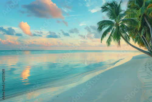 A tranquil tropical beach at dawn  with pastel colors reflecting on the calm water and pristine sand  palm trees swaying in the gentle morning breeze