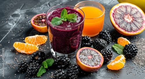 Table With Fruit and Glass of Juice