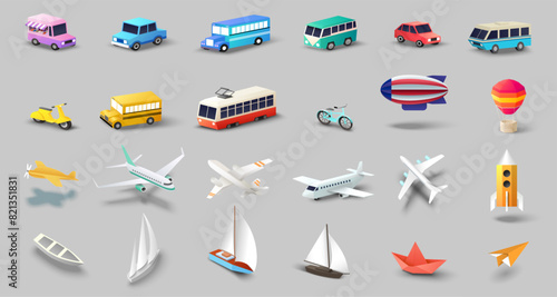 Different marine, land, air mode of transport for cargo and passenger transportation, travel and travel isometric vector illustration set