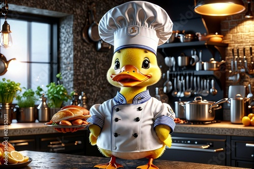 A cartoon duck chef is holding a tray of food photo